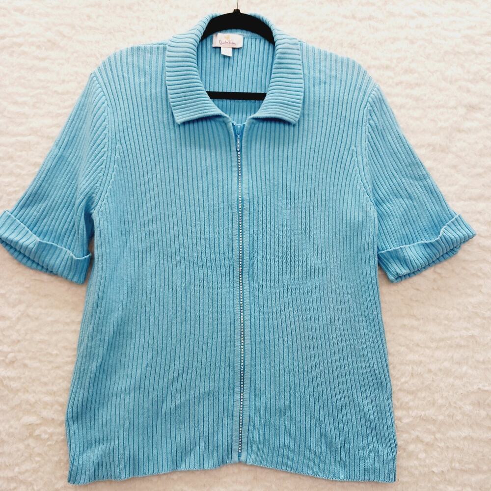 Sweater Ribbed Rhinestone Zipper Powder Blue Cottagecore Glitz Dopamine Size L